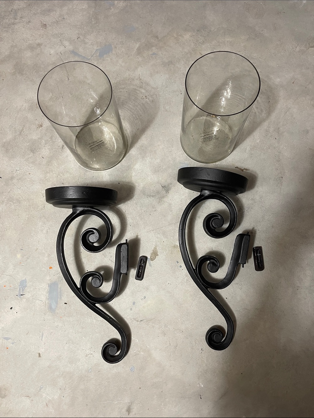 Pottery Barn Black Scroll Wall Candle Sconces with Glass Shades